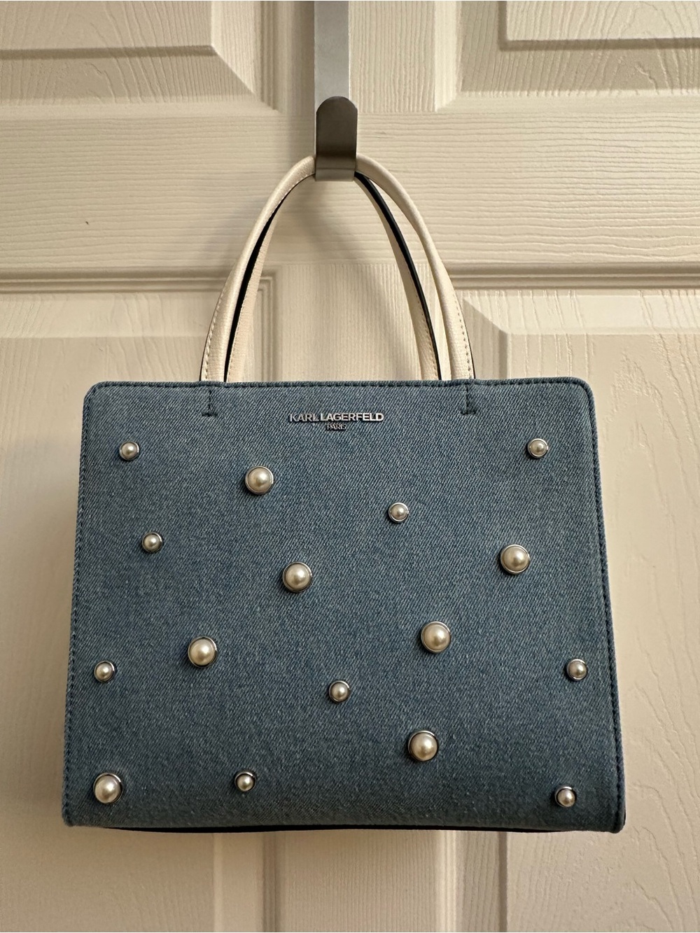 Karl Lagerfeld Denim Pearl-Embellished Satchel with White Handles